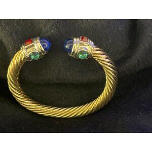Vtg 90s Mogul Bracelet Gripoix Glass Cabochons Gold Tone Twisted Cable Adjustabl